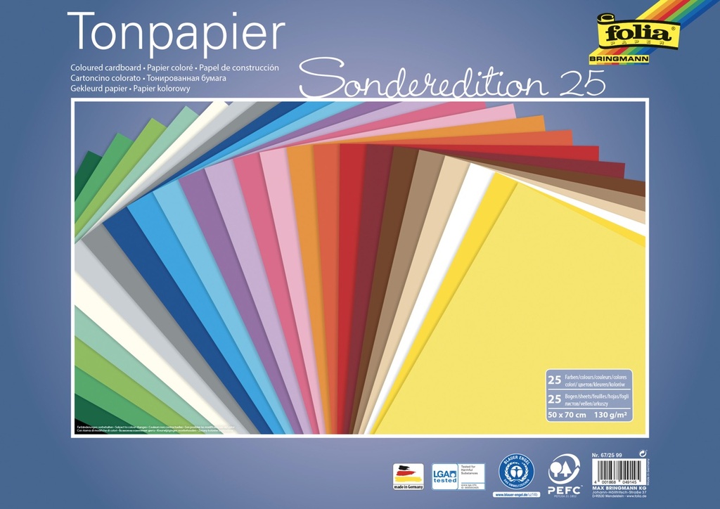 Tonpapier 130g/m², 50x70cm, 25 Farben sortiert